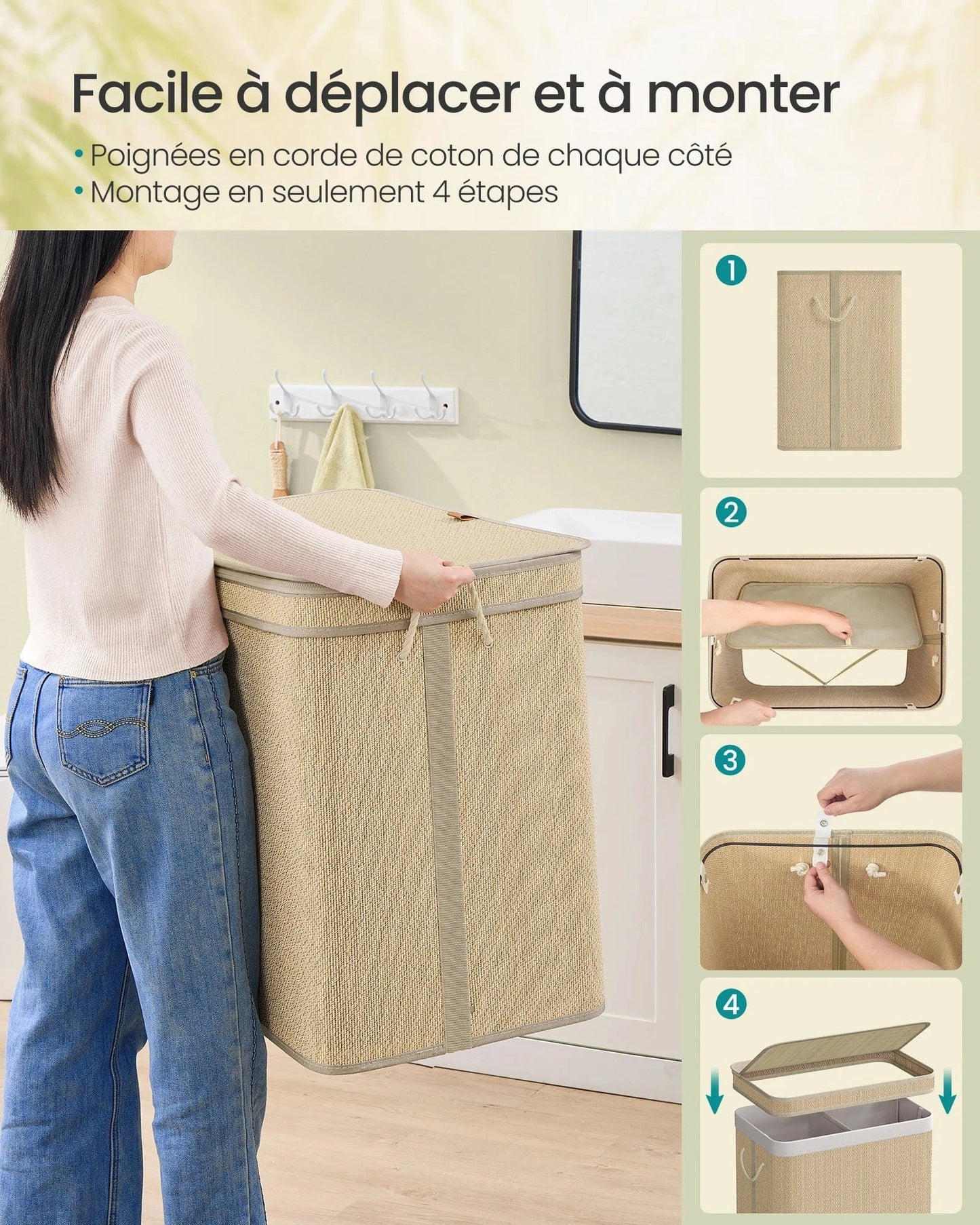 Bac à linge double avec couvercle et sac amovible 130 L / Nature