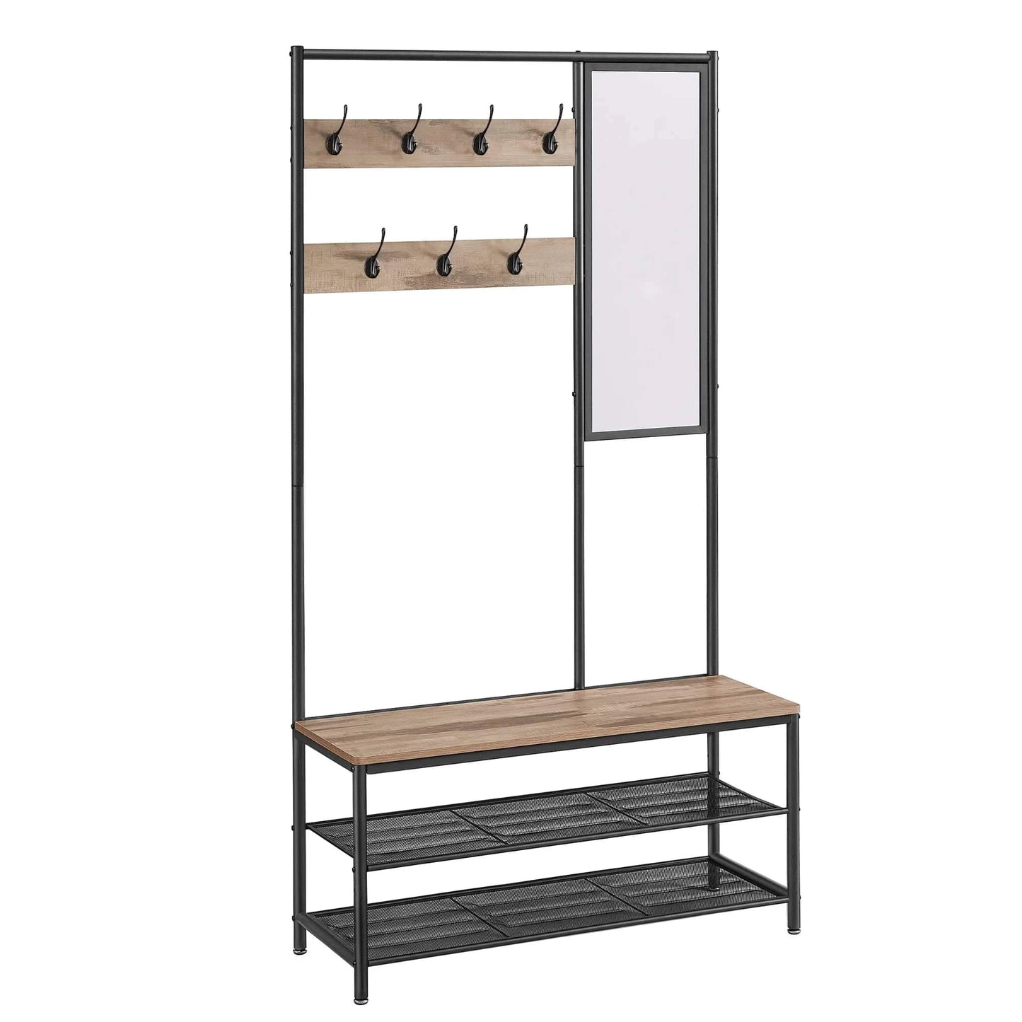 Meuble d’entrée avec miroir, banc et porte-manteau en métal et bois Marron/Noir