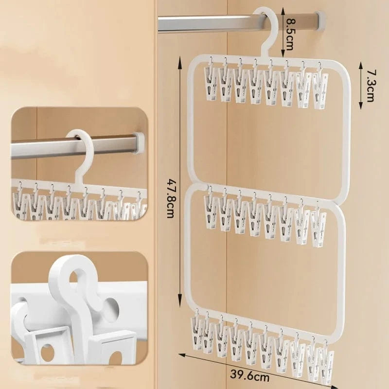 MOD Multi-clip Sock Drying Hanger Multi-functional Detachable Dryer Rack Space Saving for Drying Underwear Towel Socks Baby Clothes Double white