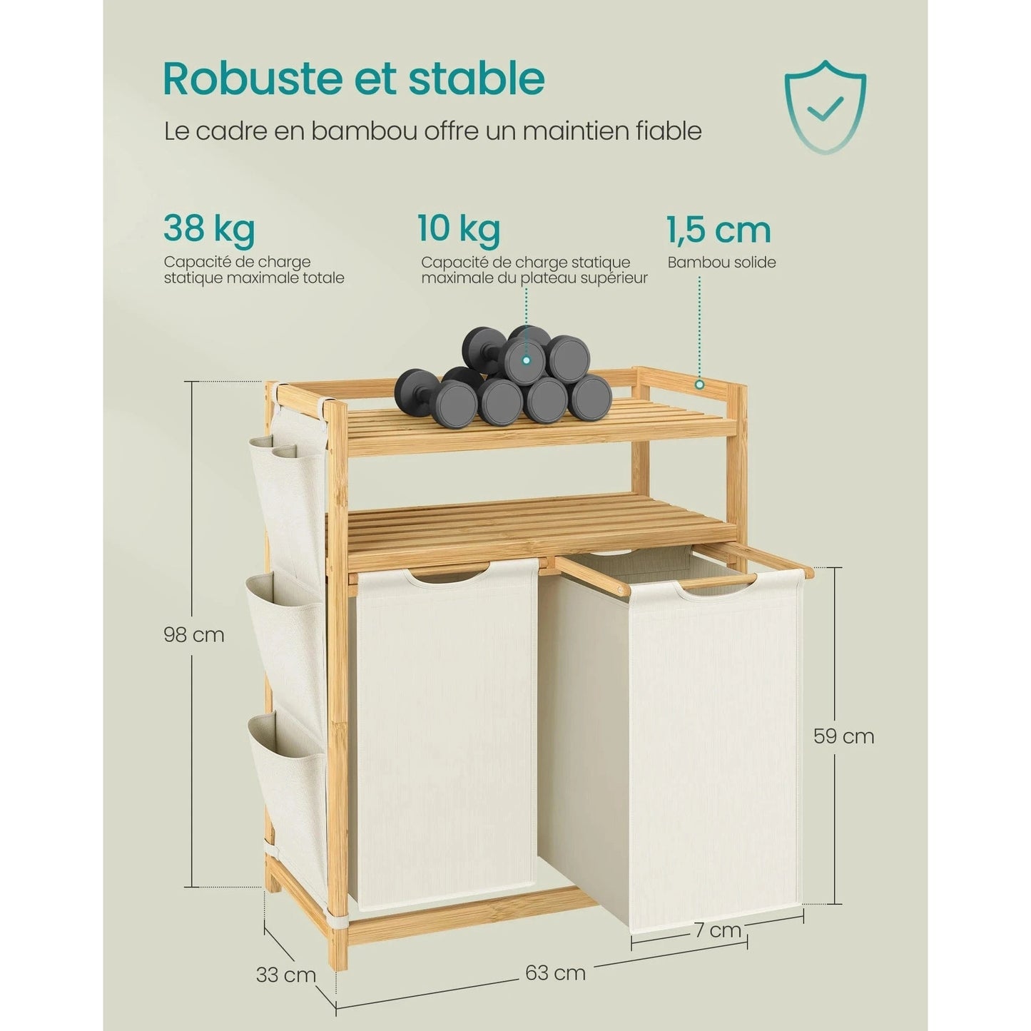 Panier à Linge Double Compartiment 100L + Étagère et Poches Latérales - Aéraly