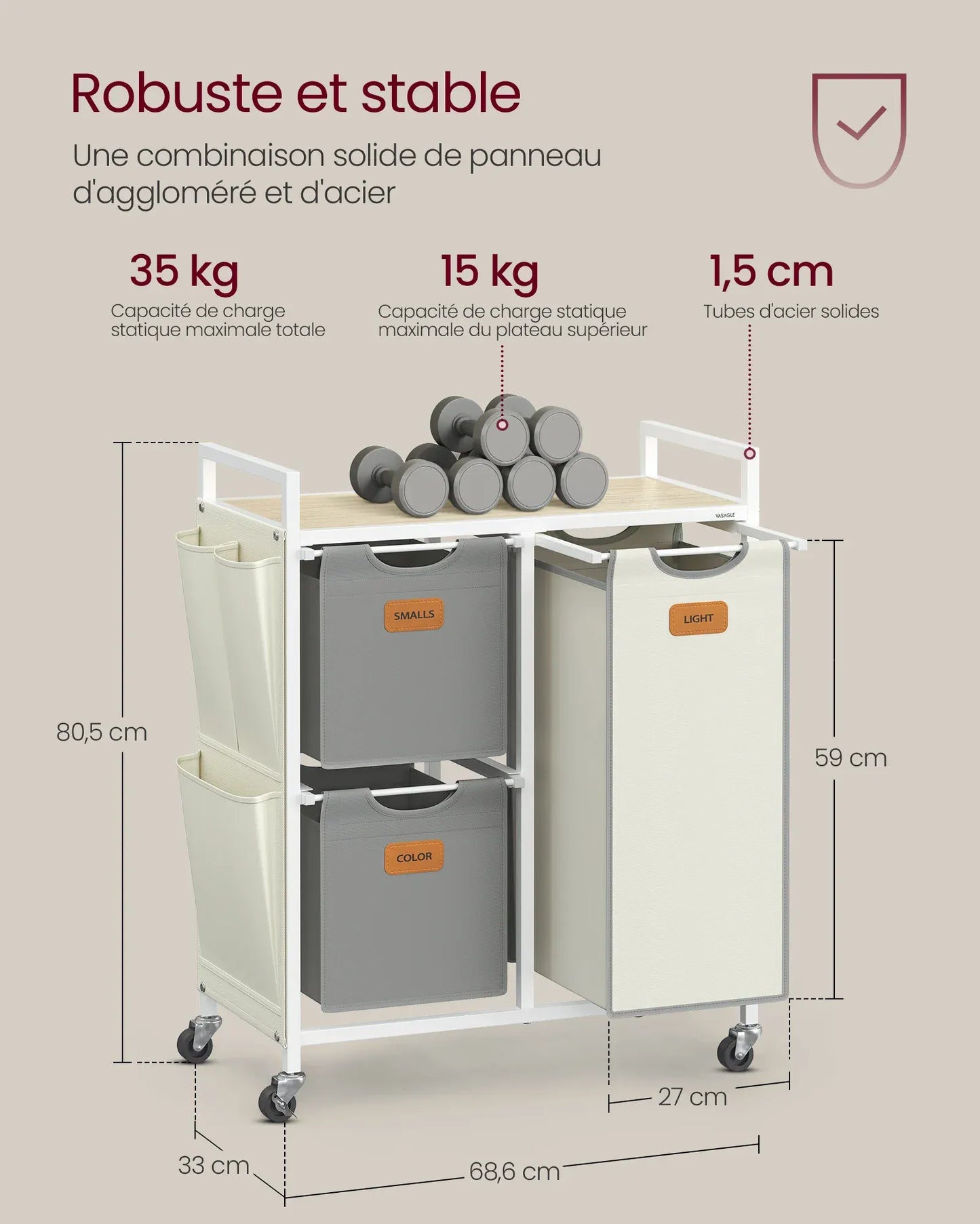 Panière à linge à roulettes 3 compartiments Gris et Blanc