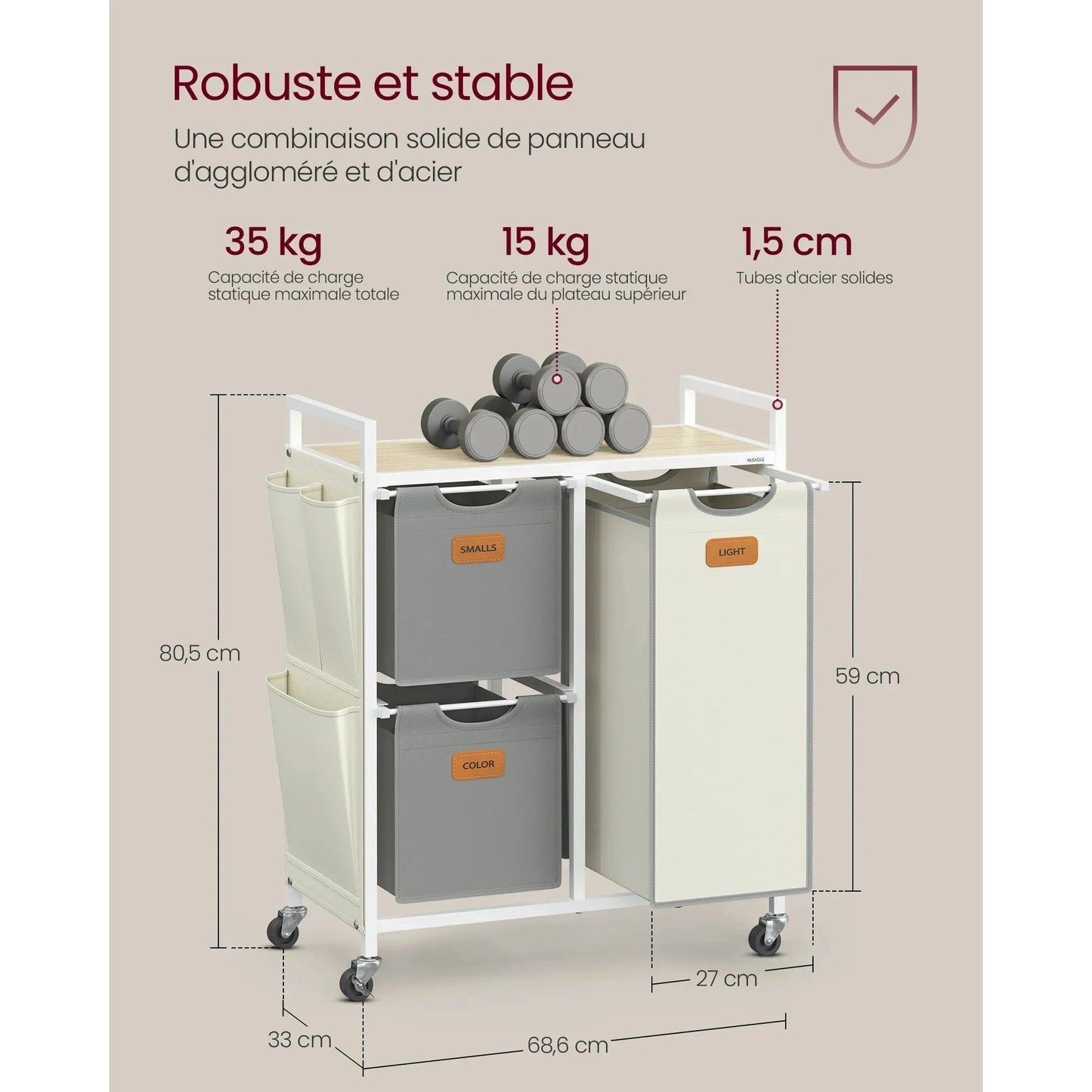 Panière à linge à roulettes 3 compartiments - Aéraly
