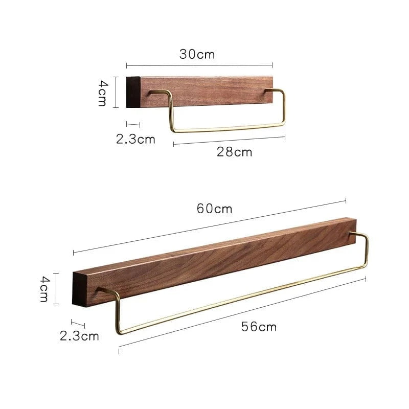 Black Walnut Wood Towel Rack Wall Mounted Retro Towel Bar Wooden Towel Holder Brass Towel Rail Brass Hooks for Bathroom Kitchen 60 cm