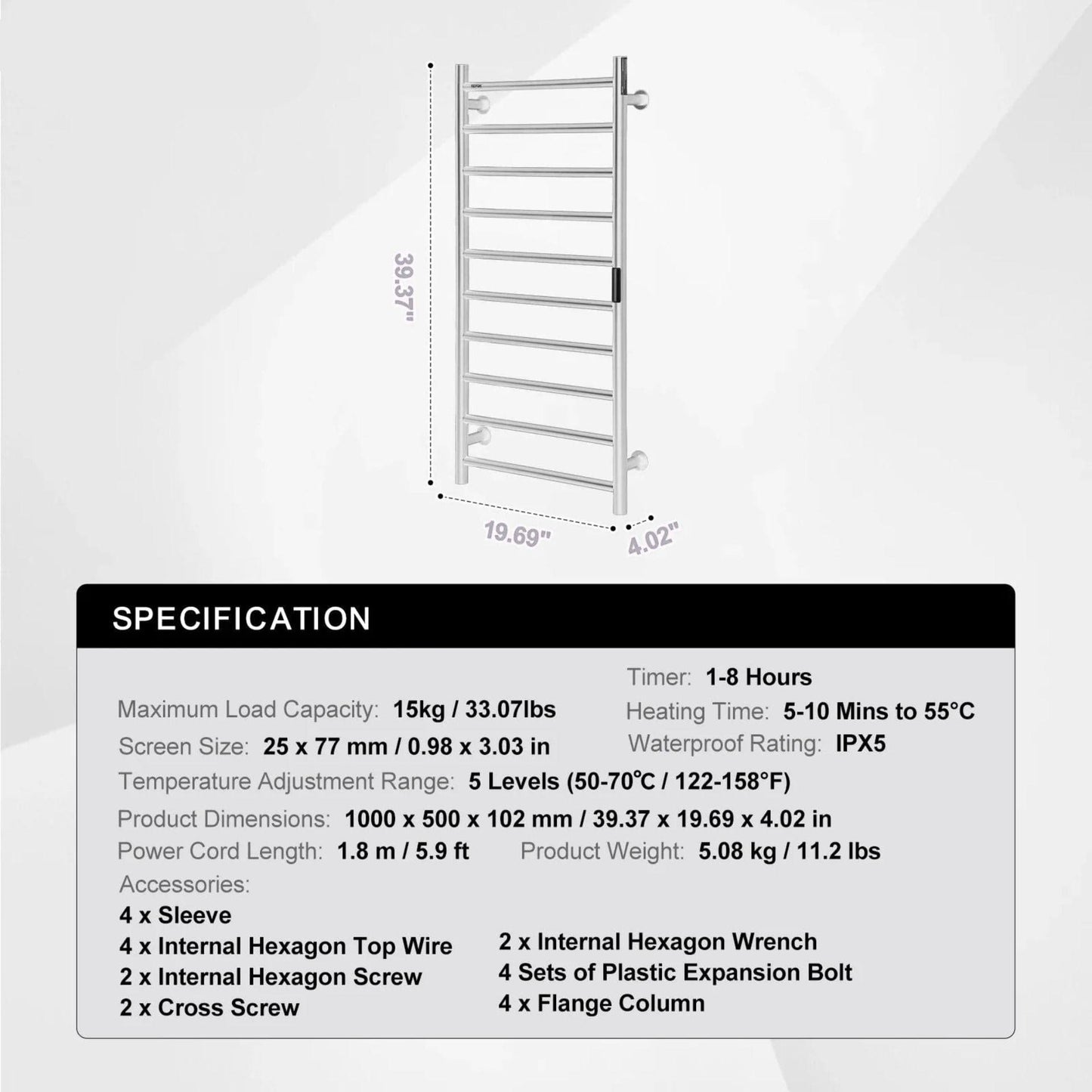 Radiateur Sèche serviettes chauffant mural avec minuterie et LED