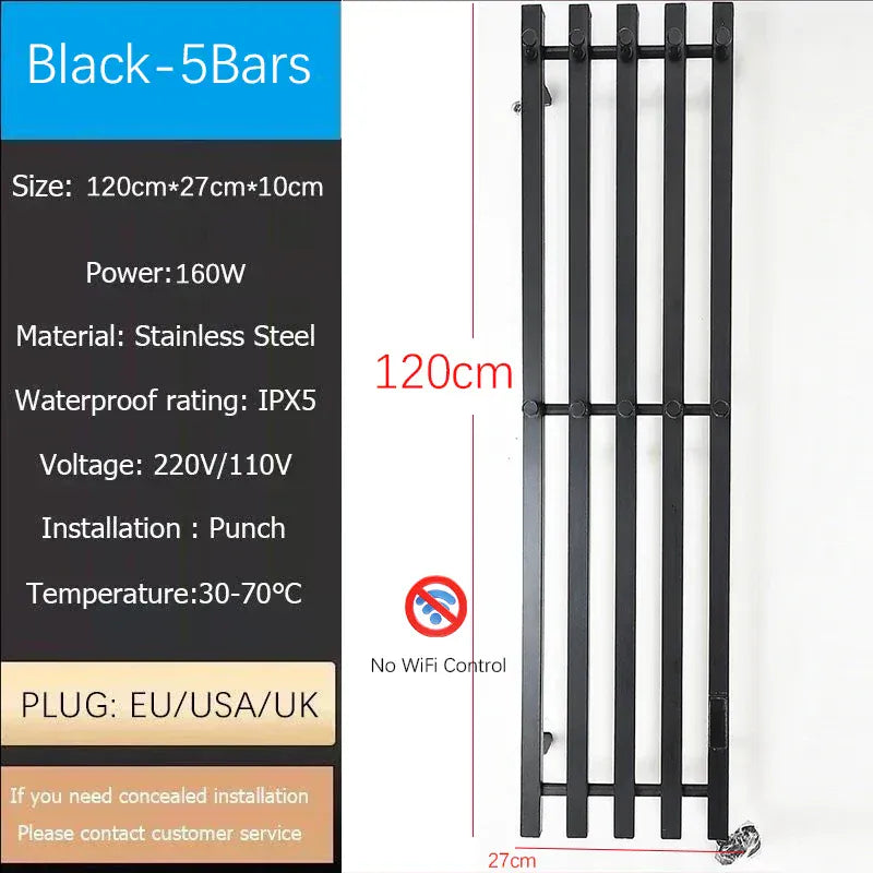 Sèche-serviettes chauffant mural salle de bain 120W 220V EU / Droite / Noir-5 Bars-Tube Carré
