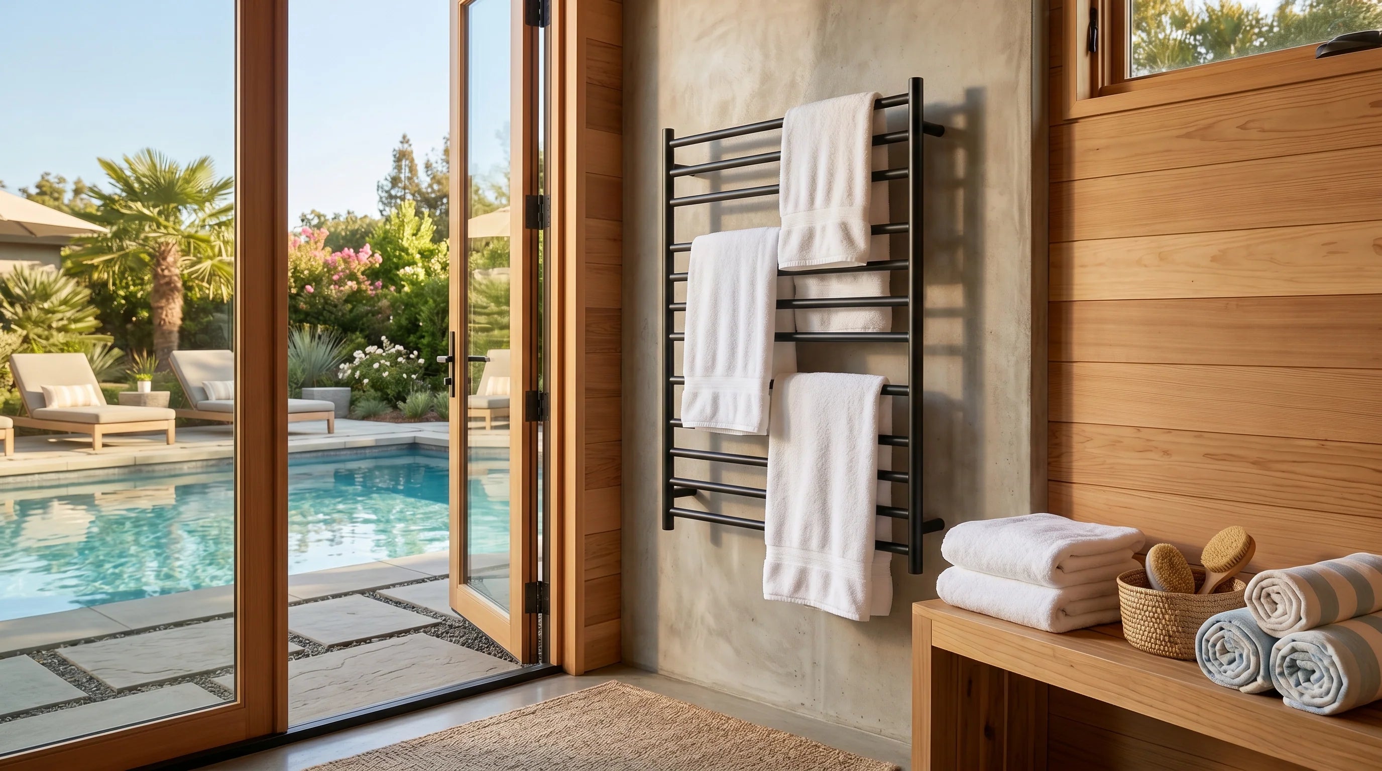 Sèche-serviette pour pool house ou douche d'extérieur : les règles à connaître. Bild