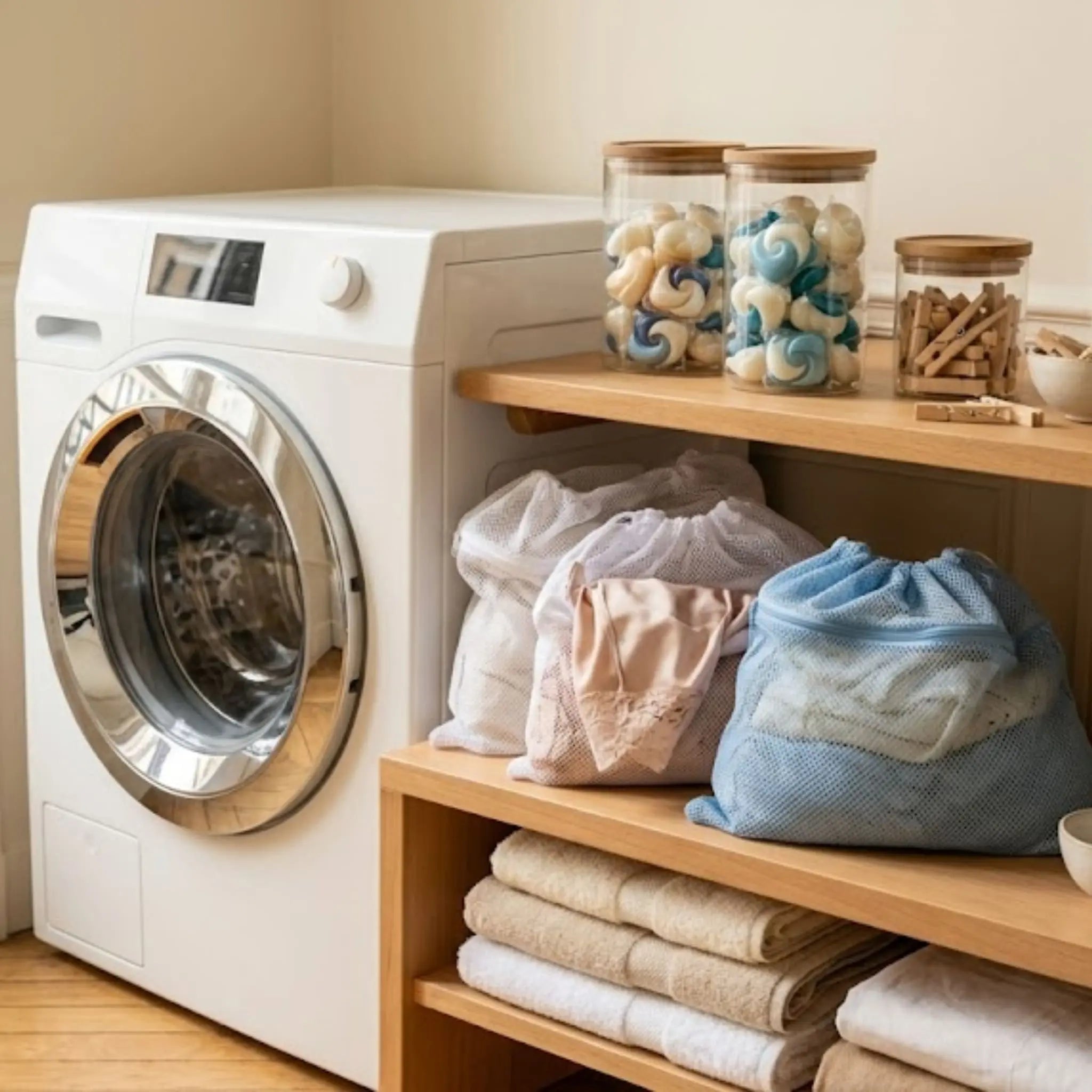Filets de lavage et organiseur de produits près d'un lave-linge