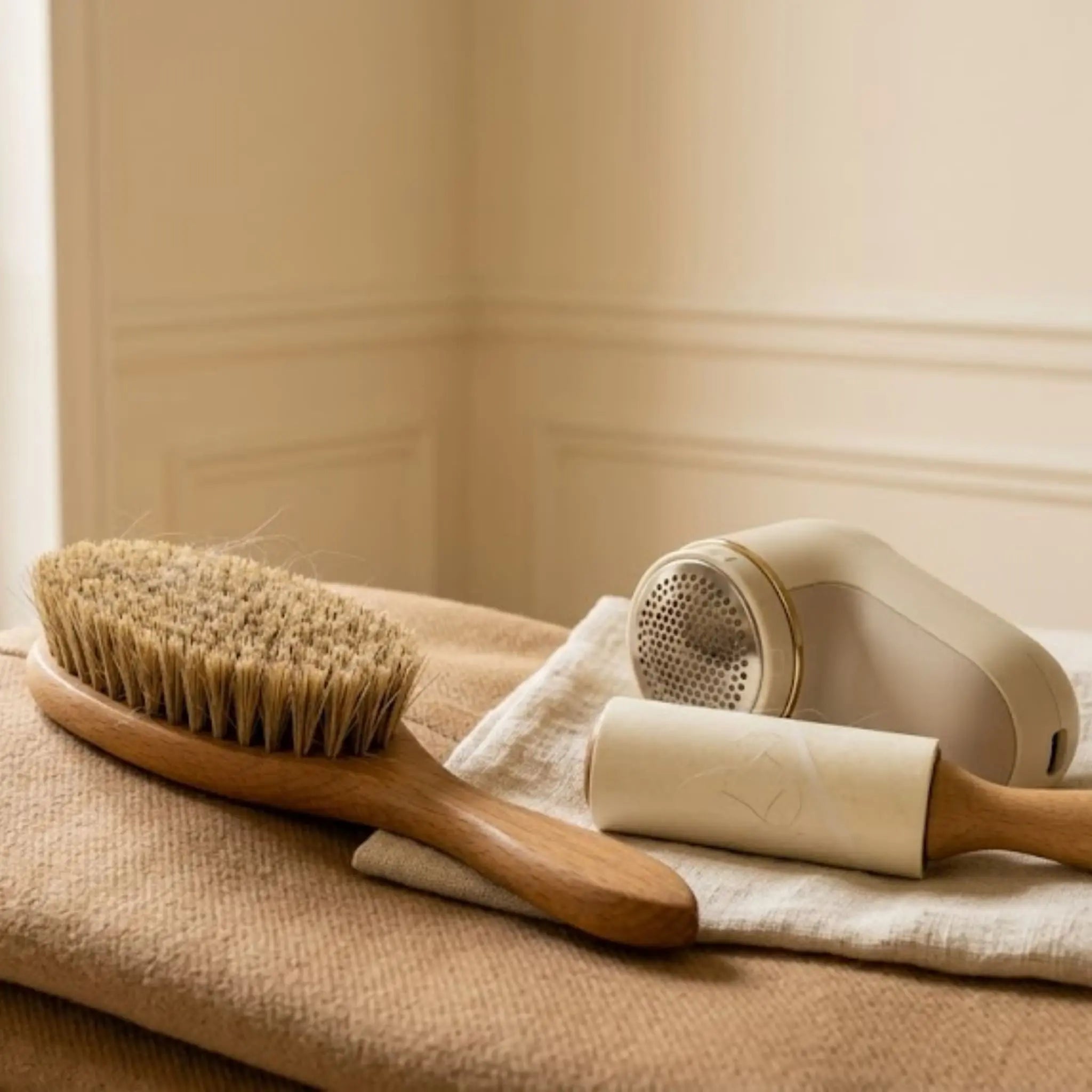 Brosse à vêtements en bois posée sur un manteau en laine camel