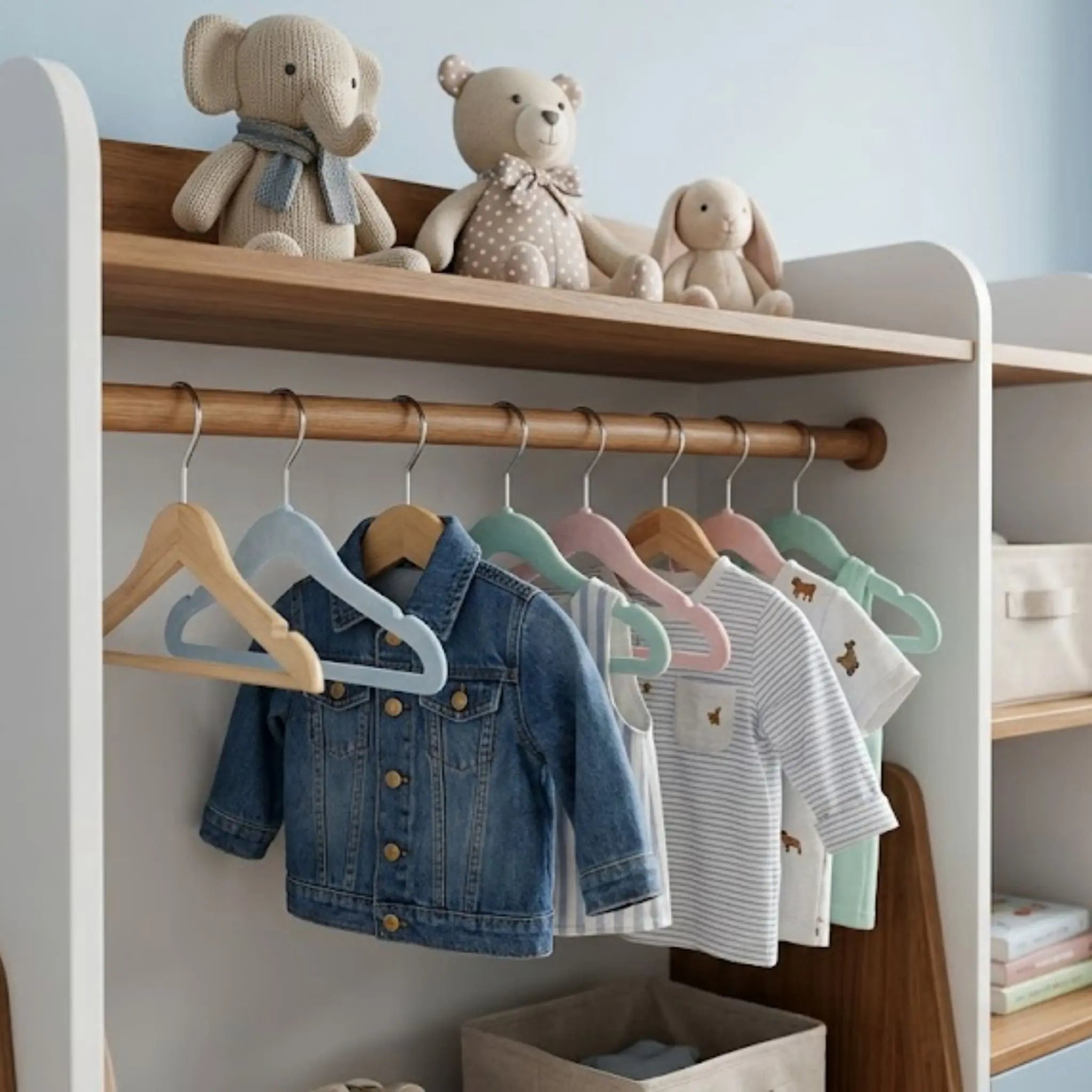 Cintres enfant en bois et velours dans une penderie à hauteur d'enfant
