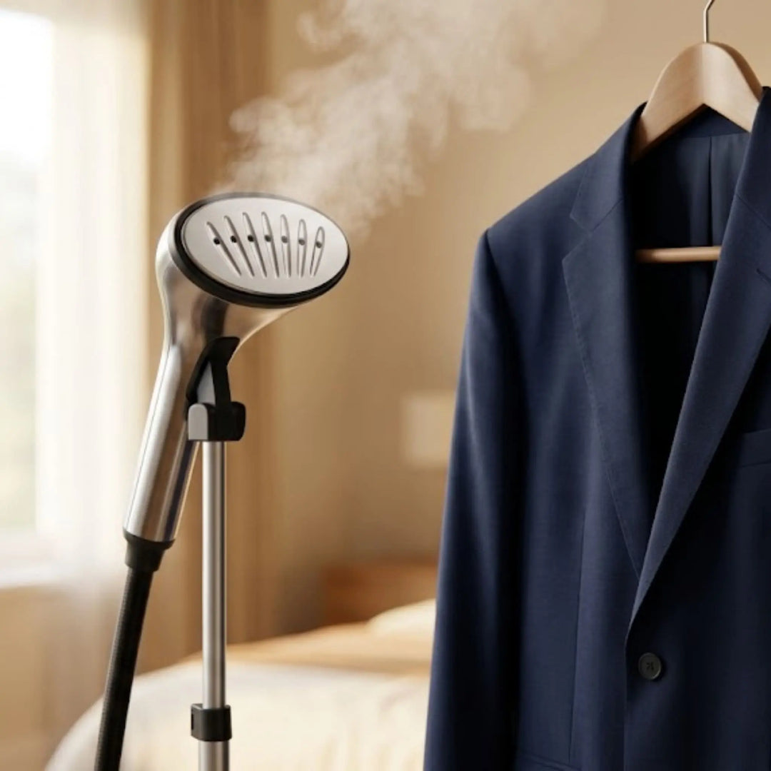 Défroisseur vapeur vertical défroissant une veste sur cintre