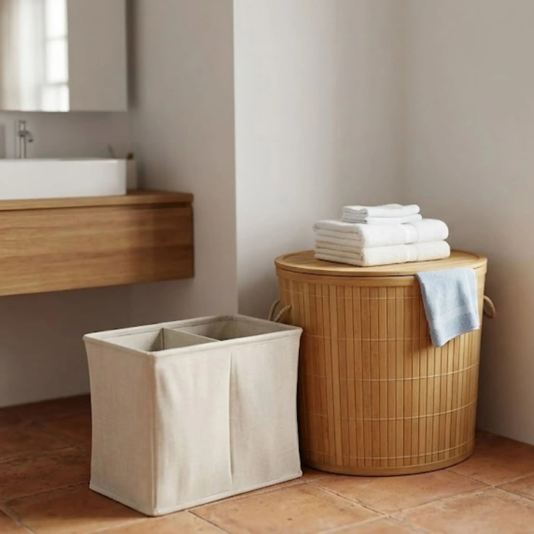 Panier à linge en bambou à couvercle et bac de tri dans une salle de bain
