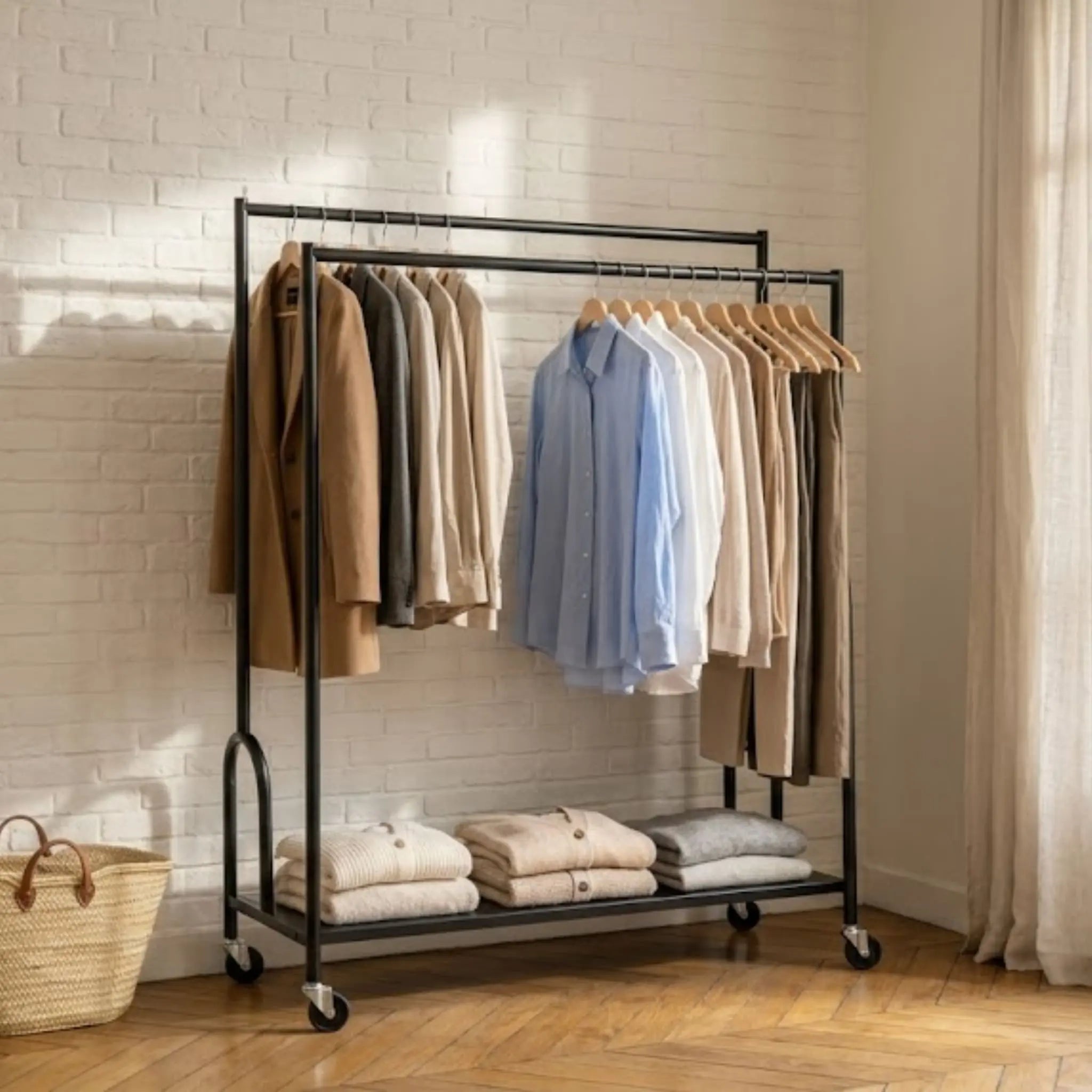 Portant à vêtements en métal noir à double tringle dans un dressing