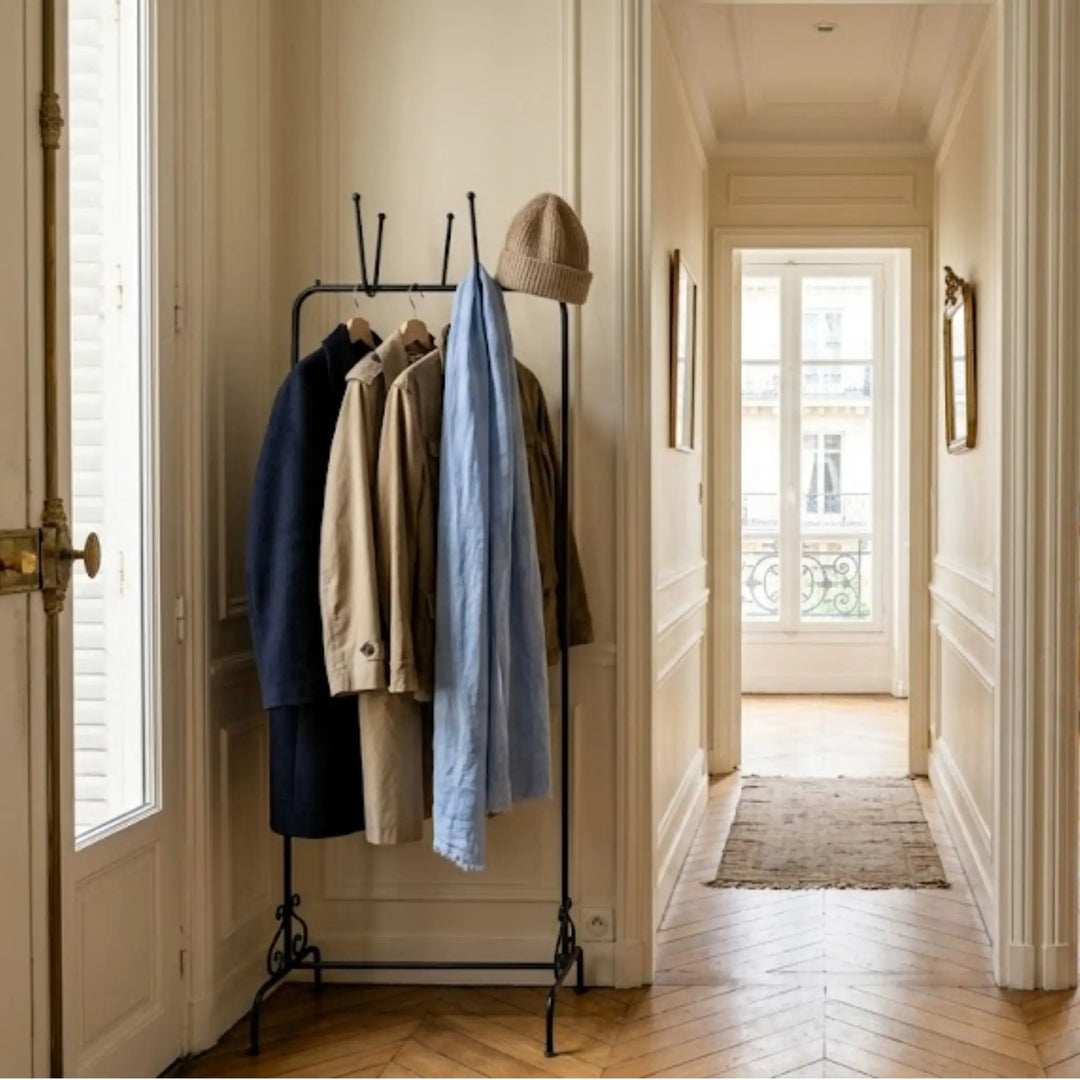 Entrée et chambre avec porte-manteau métal et portant à vêtements en bois