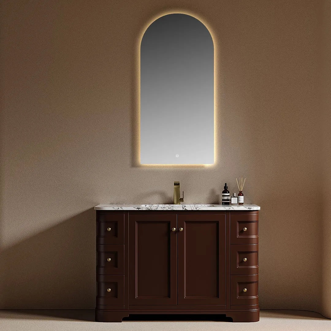 PALAZZO - Meuble Vasque sur Pied 120 cm, Style Classique Brun Chocolat, Portes et Tiroirs, avec Miroir