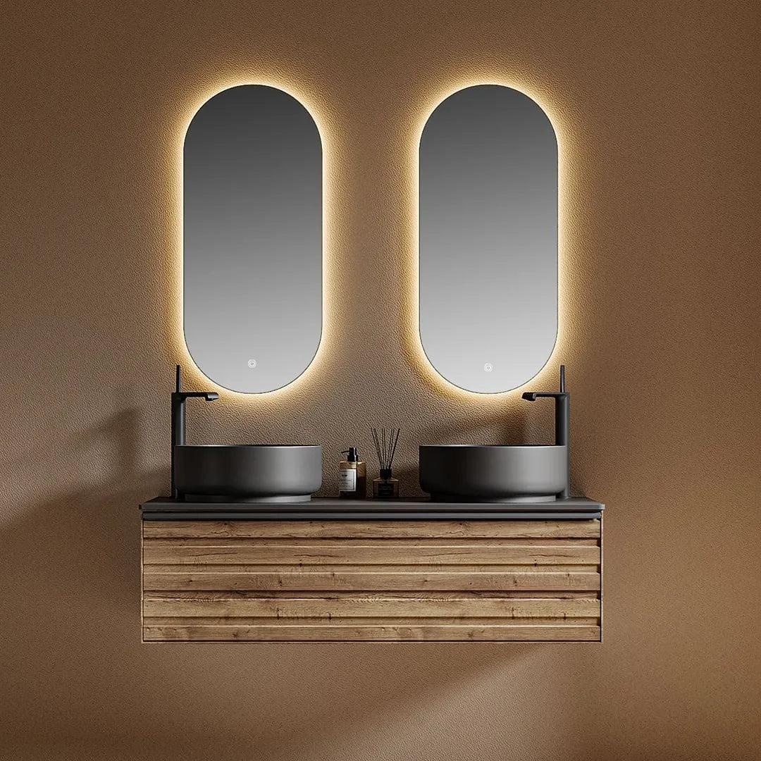 SCOGLIO - Meuble Double Vasque Suspendu 120 cm, Plan Dalle de Roche, Vasques Noires, avec Miroirs