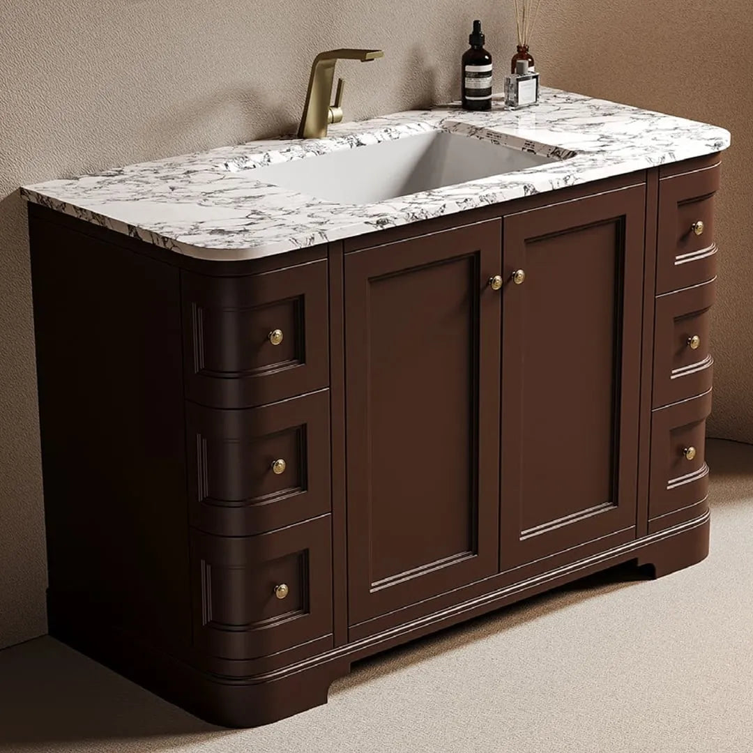 PALAZZO - Meuble Vasque sur Pied 120 cm, Style Classique Brun Chocolat, Portes et Tiroirs, avec Miroir