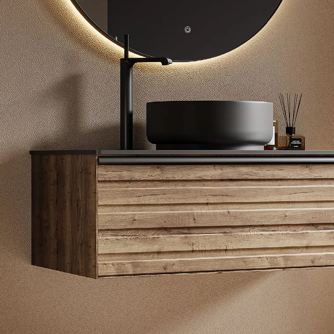 SCOGLIO - Meuble Vasque Suspendu 90 cm, Plan Dalle de Roche, Vasque Noire, avec Miroir