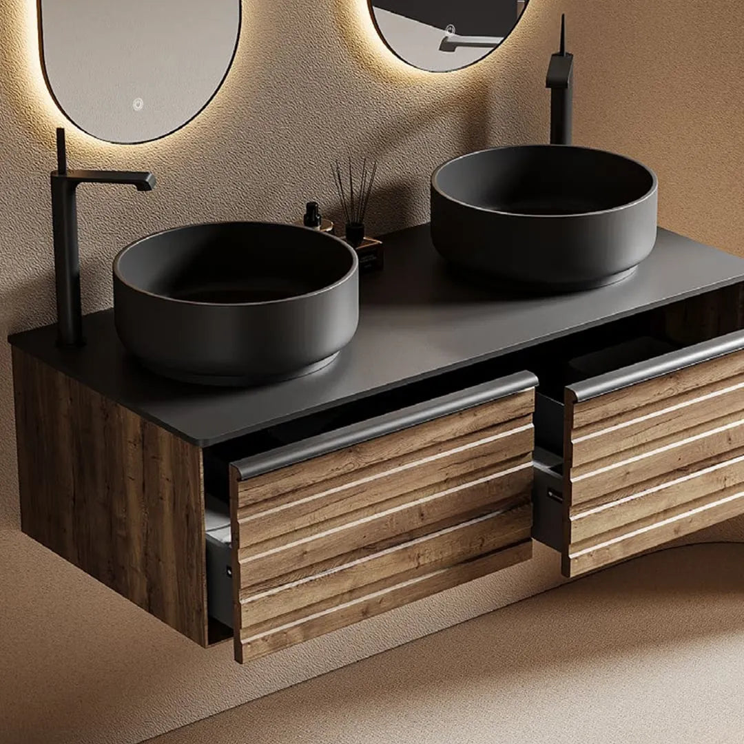 SCOGLIO - Meuble Double Vasque Suspendu 120 cm, Plan Dalle de Roche, Vasques Noires, avec Miroirs