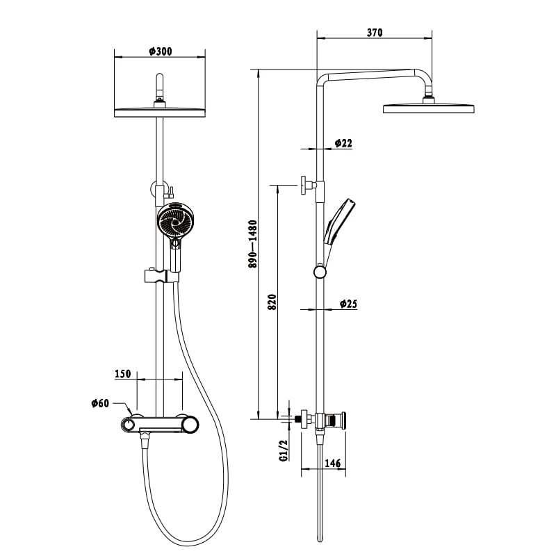 Méridien - Ensemble de douche 3 fonctions, plan coté