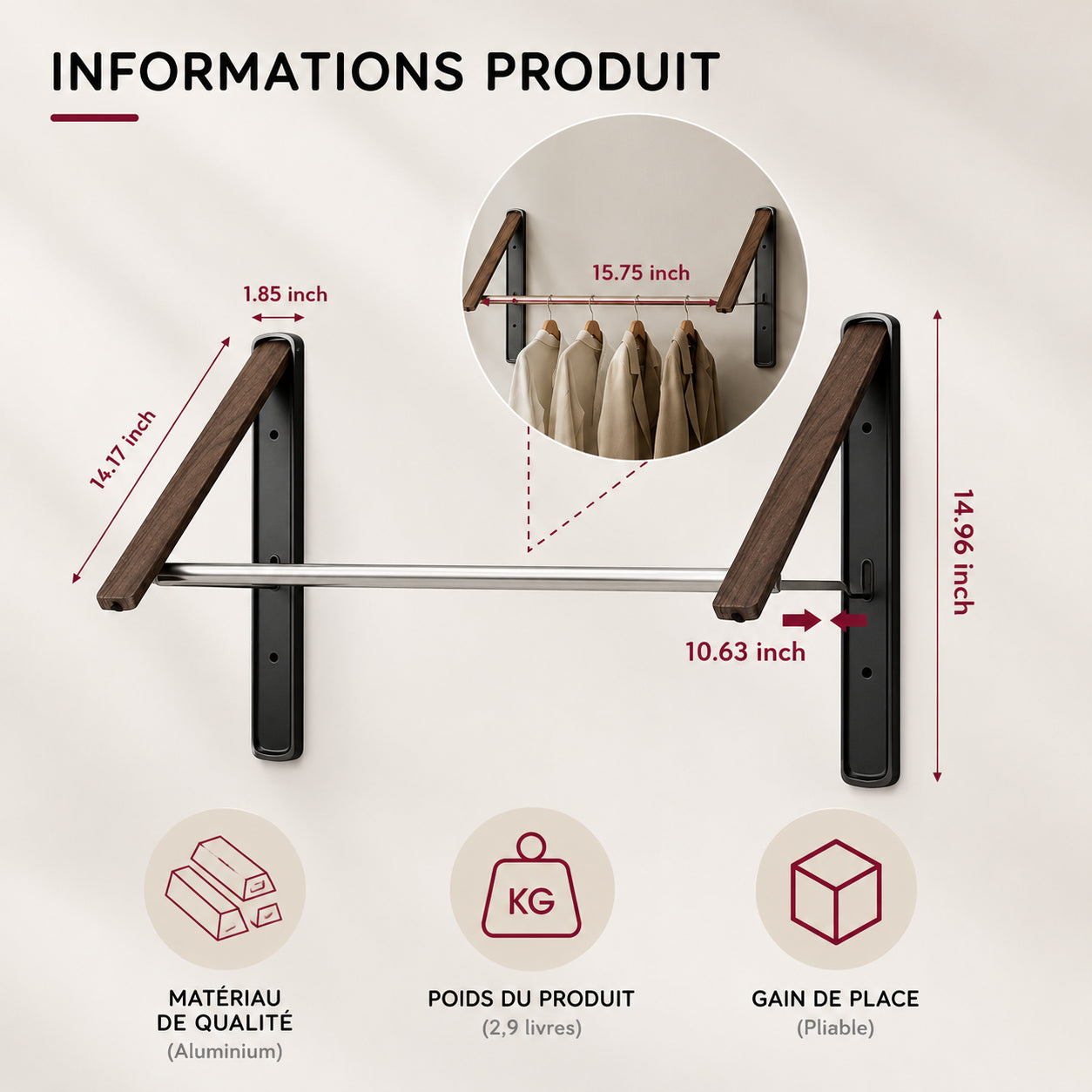 Etendoir mural rétractable - 40, 80 ou 120 cm, bois ou métal