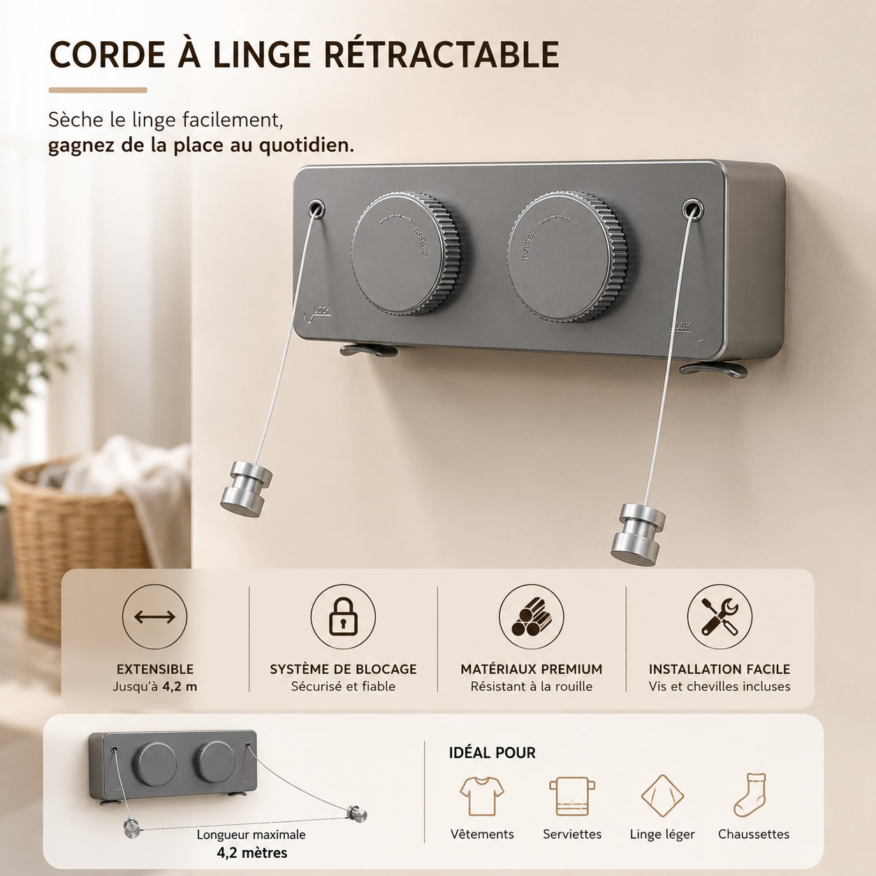 Corde à linge rétractable solide double intérieure & extérieure