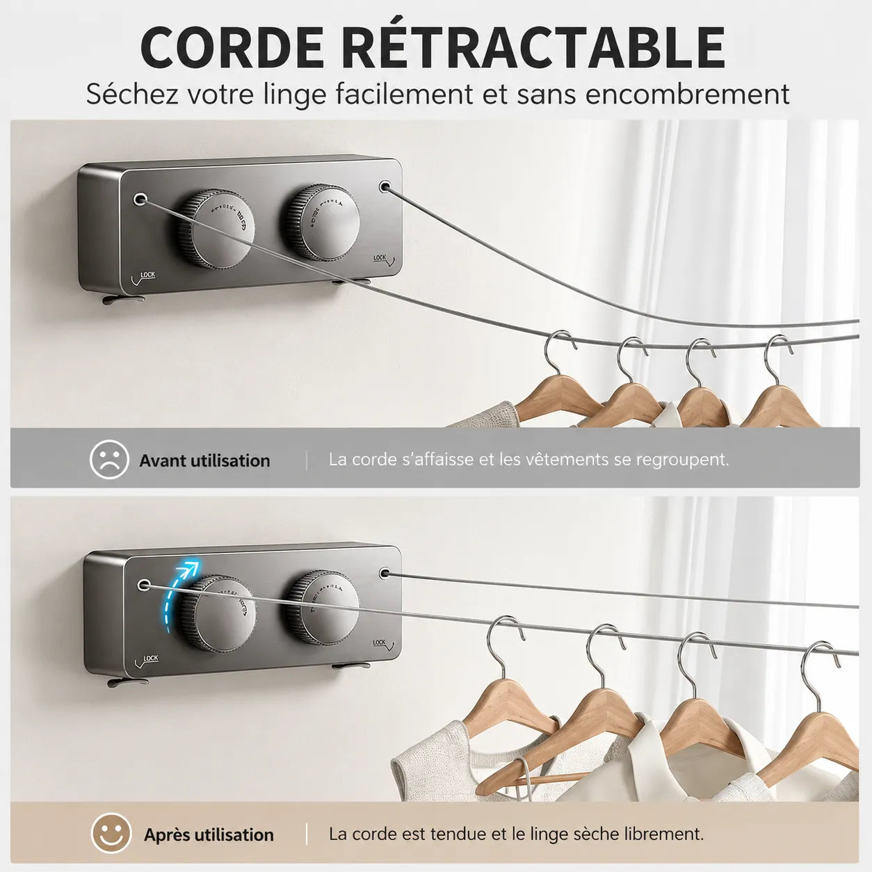 Corde à linge mural rétractable double fil