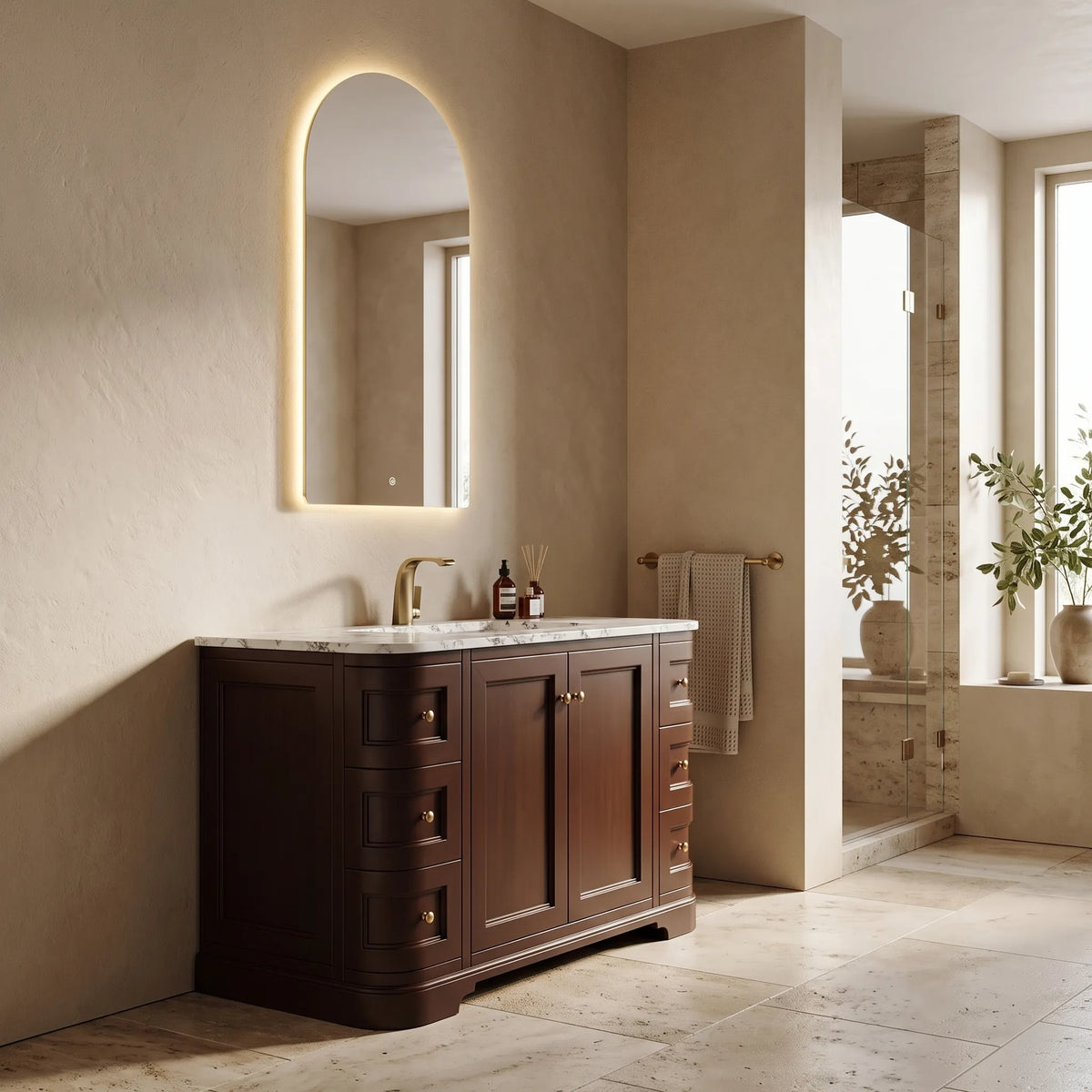 PALAZZO - Meuble Vasque sur Pied 120 cm, Style Classique Brun Chocolat, Portes et Tiroirs, avec Miroir