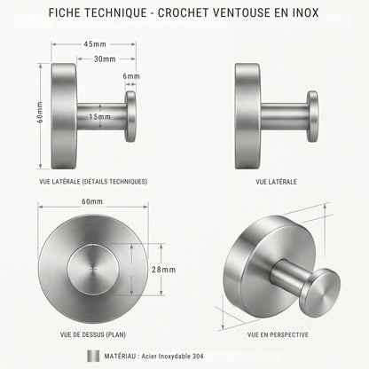 Crochet ventouse inox 304 Twist & Lock - Lot de 4, sans perçage