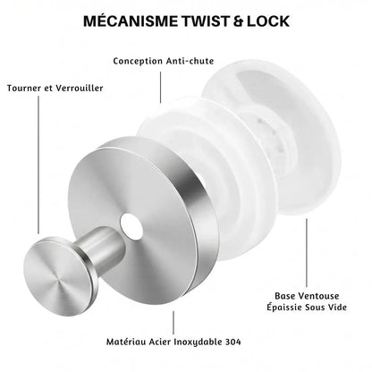 Crochet ventouse inox 304 Twist & Lock - Lot de 4, sans perçage