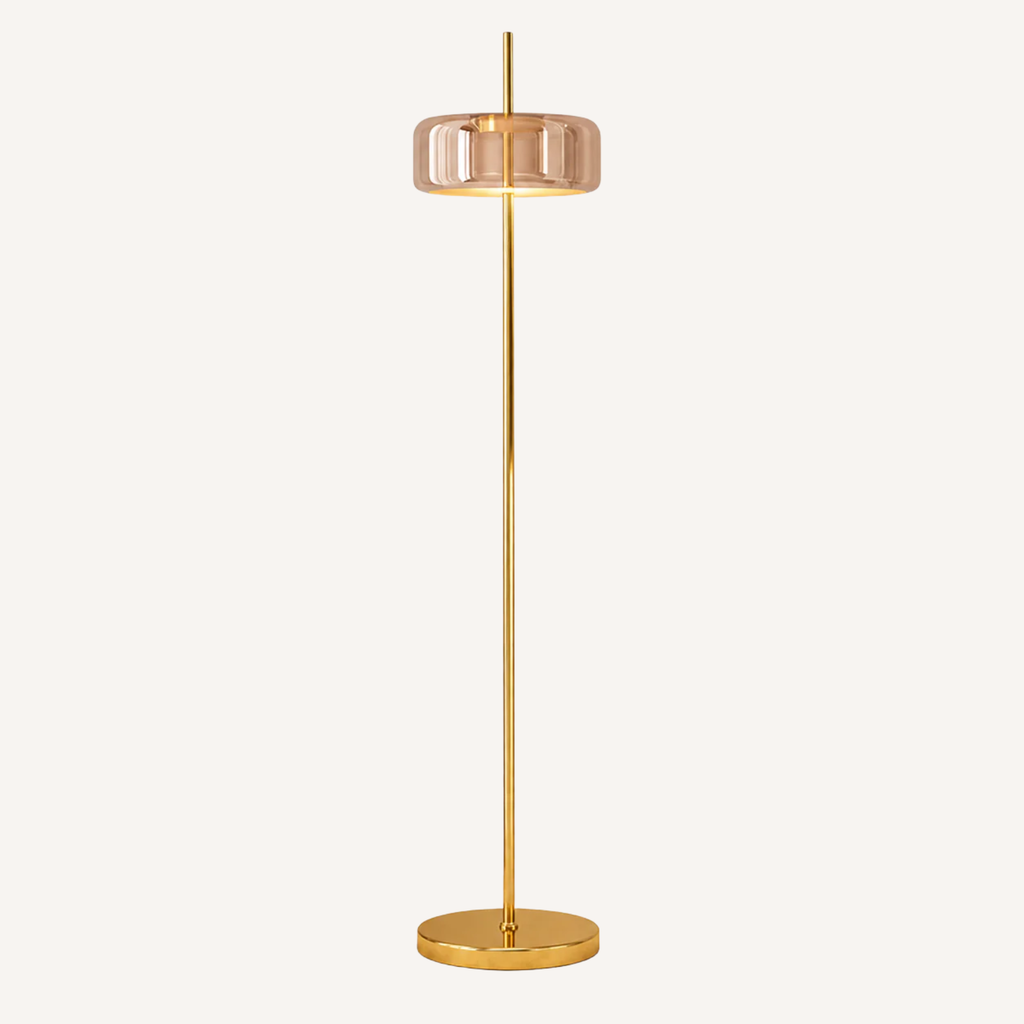 Lampadaire métal doré diffuseur verre teinté FUMORA