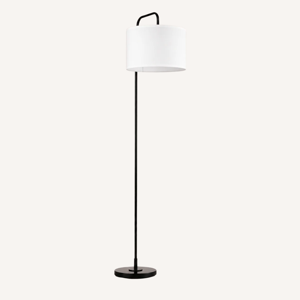 Lampadaire métal noir abat-jour cylindrique tissu blanc PURITA