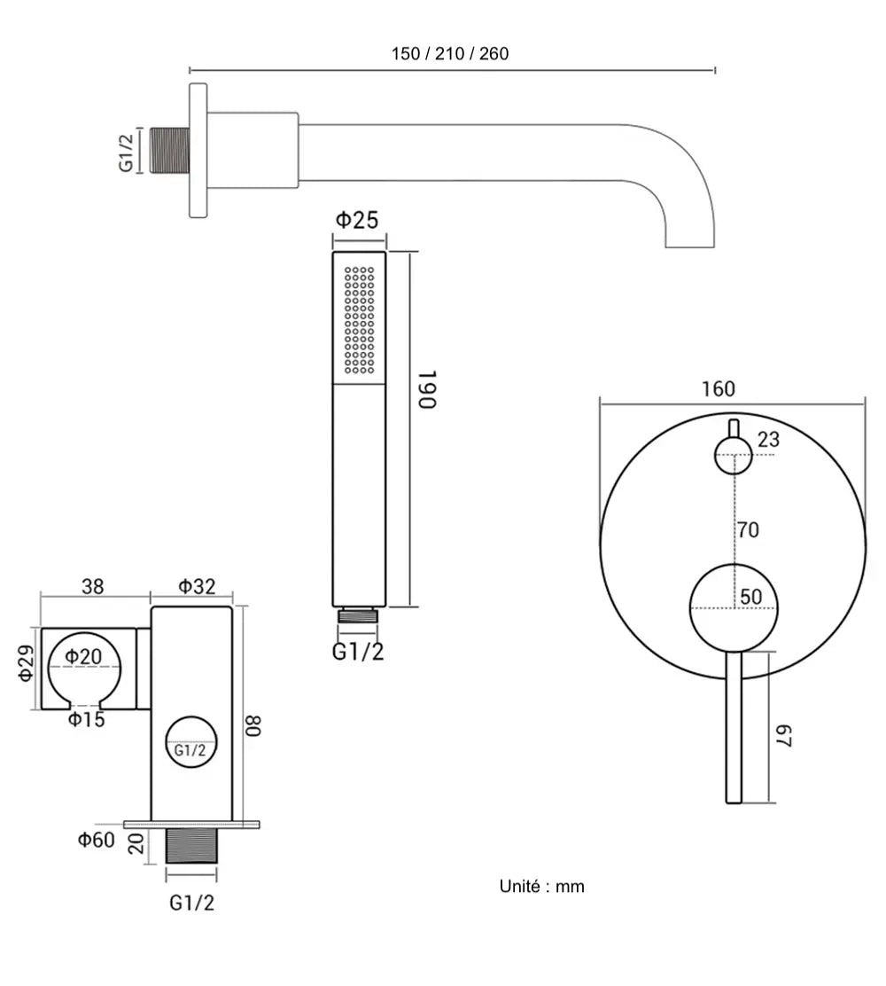 Composition bain-douche thermostatique encastrée noir