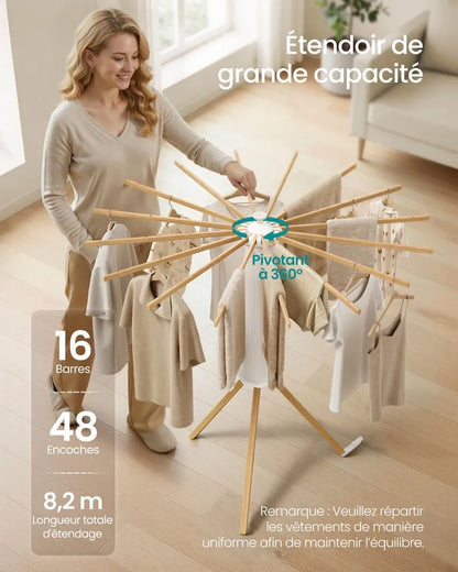 Étendoir à linge trépied pliable - Design bois naturel 30 kg
