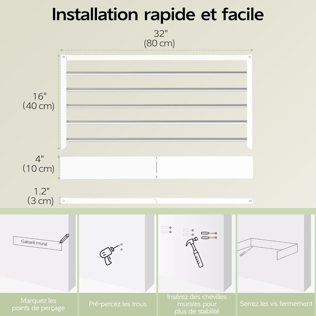 Étendoir Mural Rabattable — 5 ou 6 Barres | Acier Inox | Gain de Place - Aéraly