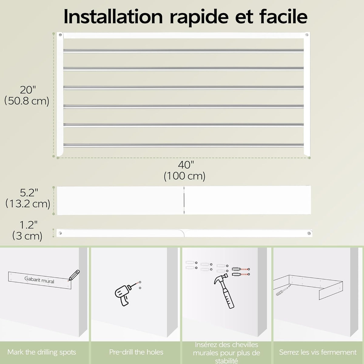 Étendoir Mural Rabattable — 5 ou 6 Barres | Acier Inox | Gain de Place - Aéraly