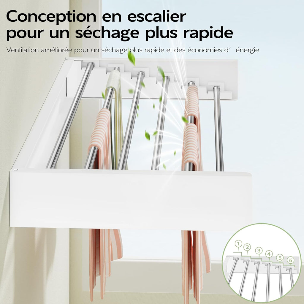 Étendoir Mural Rabattable — 5 ou 6 Barres | Acier Inox | Gain de Place - Aéraly