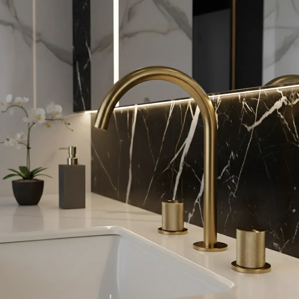 Robinet mélangeur de lavabo sur plan or brossé