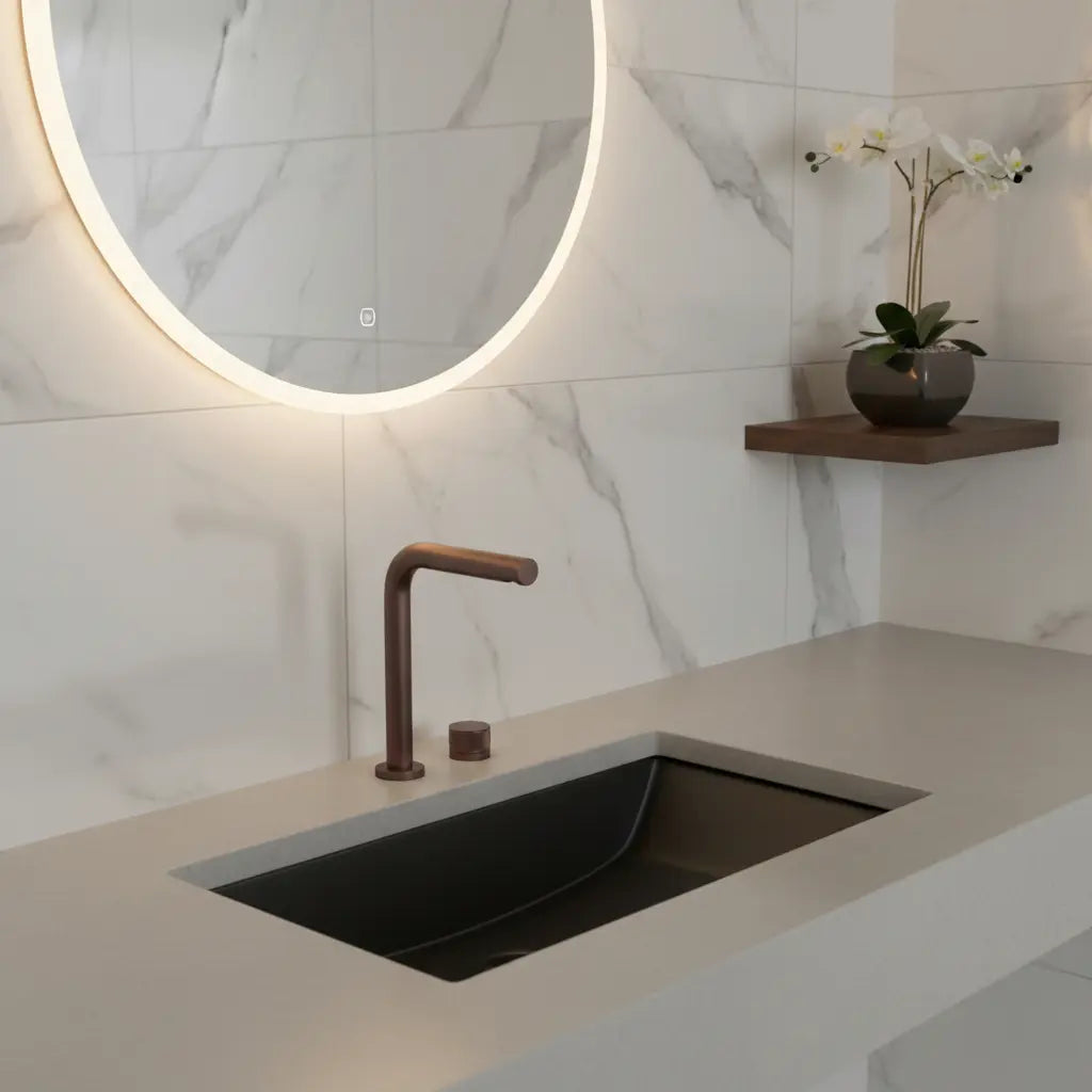 Robinet de lavabo sur plan or rose