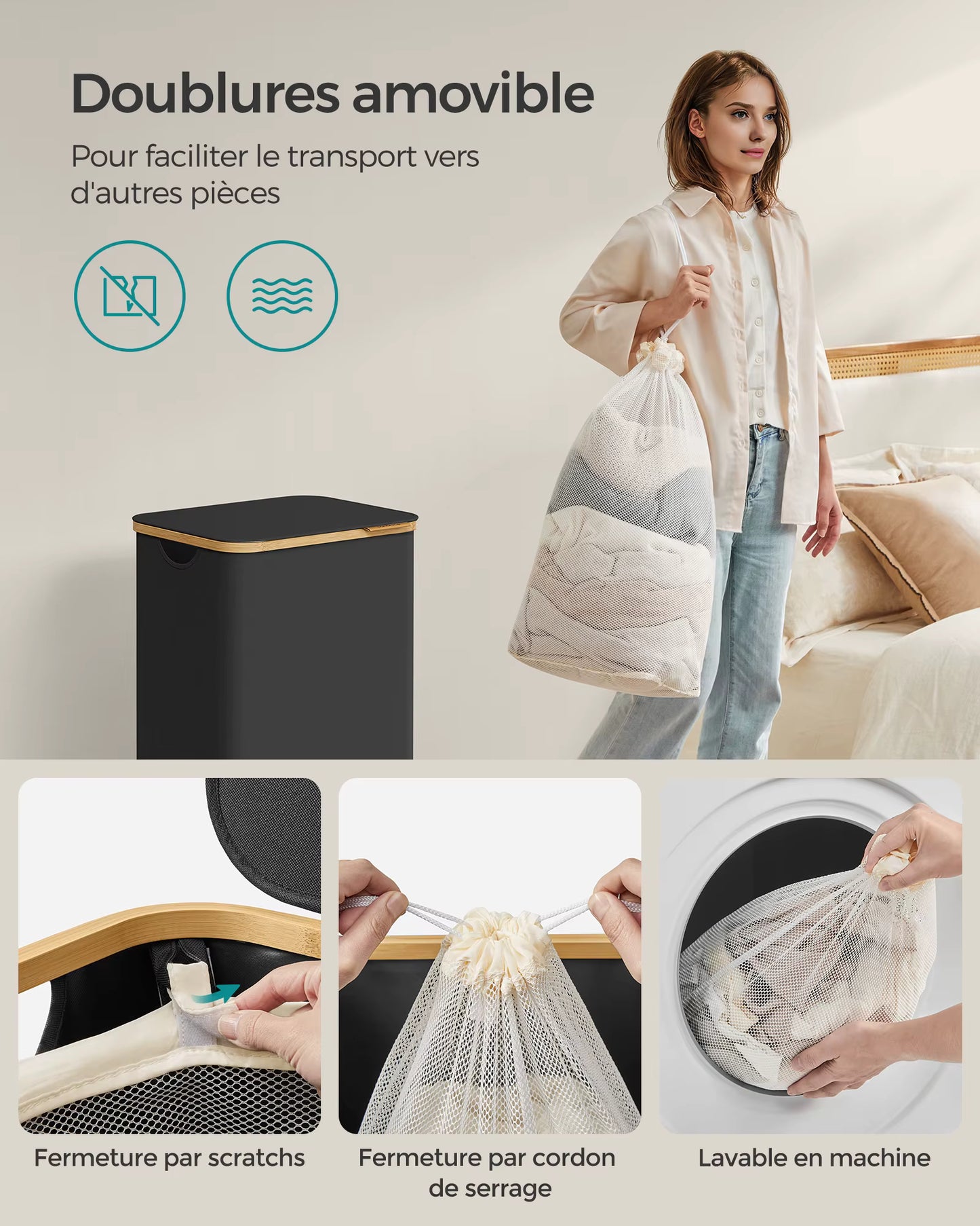 Panier à linge pliable 90L avec couvercle et sac