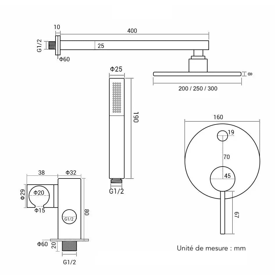 Kit de Douche Thermostatique encastré or brossé