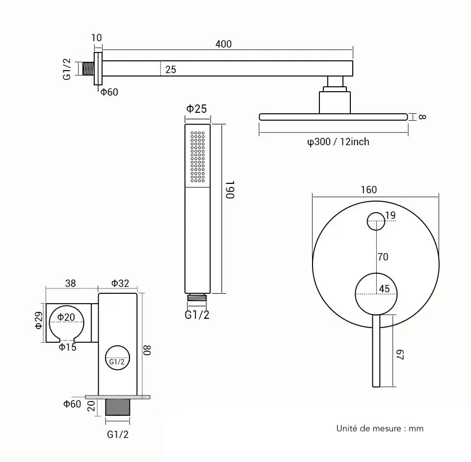 Kit de Douche Thermostatique encastré or rose poli