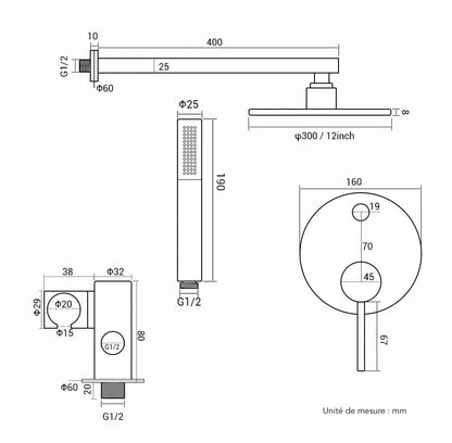 Kit de Douche Thermostatique encastré or rose poli