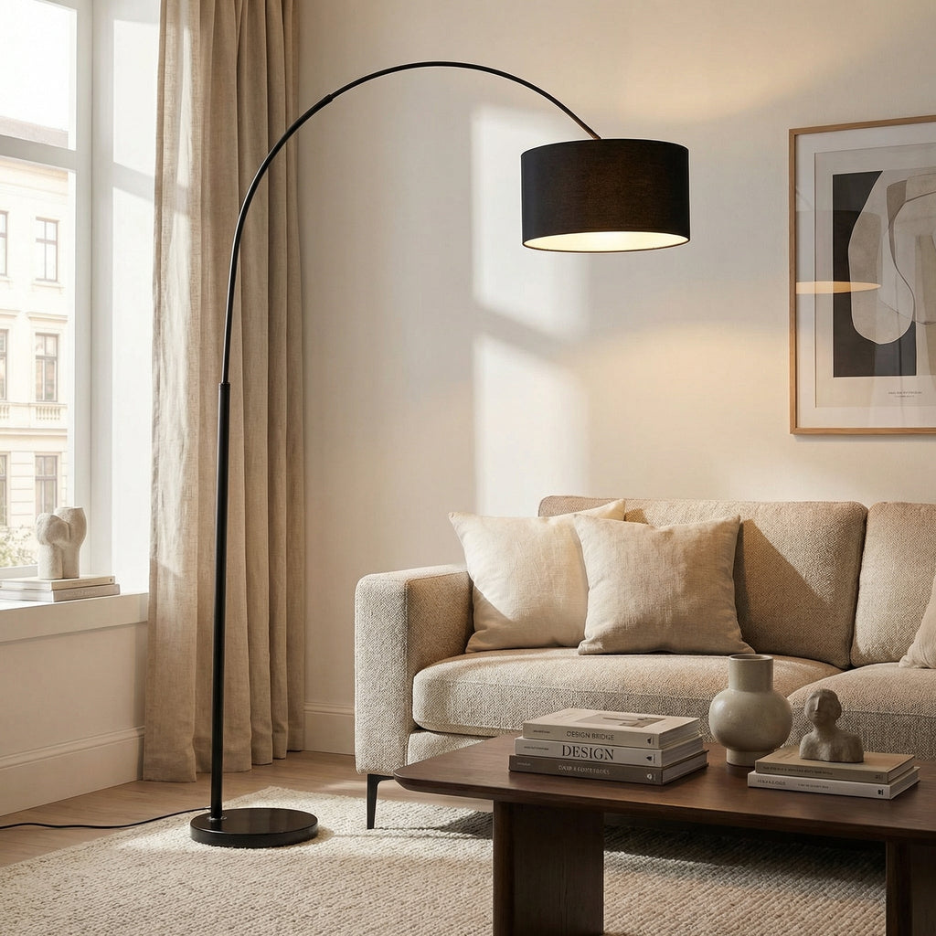 Lampadaire arc noir abat-jour cylindrique NERINA