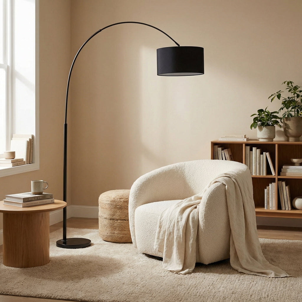 Lampadaire arc noir abat-jour cylindrique NERINA