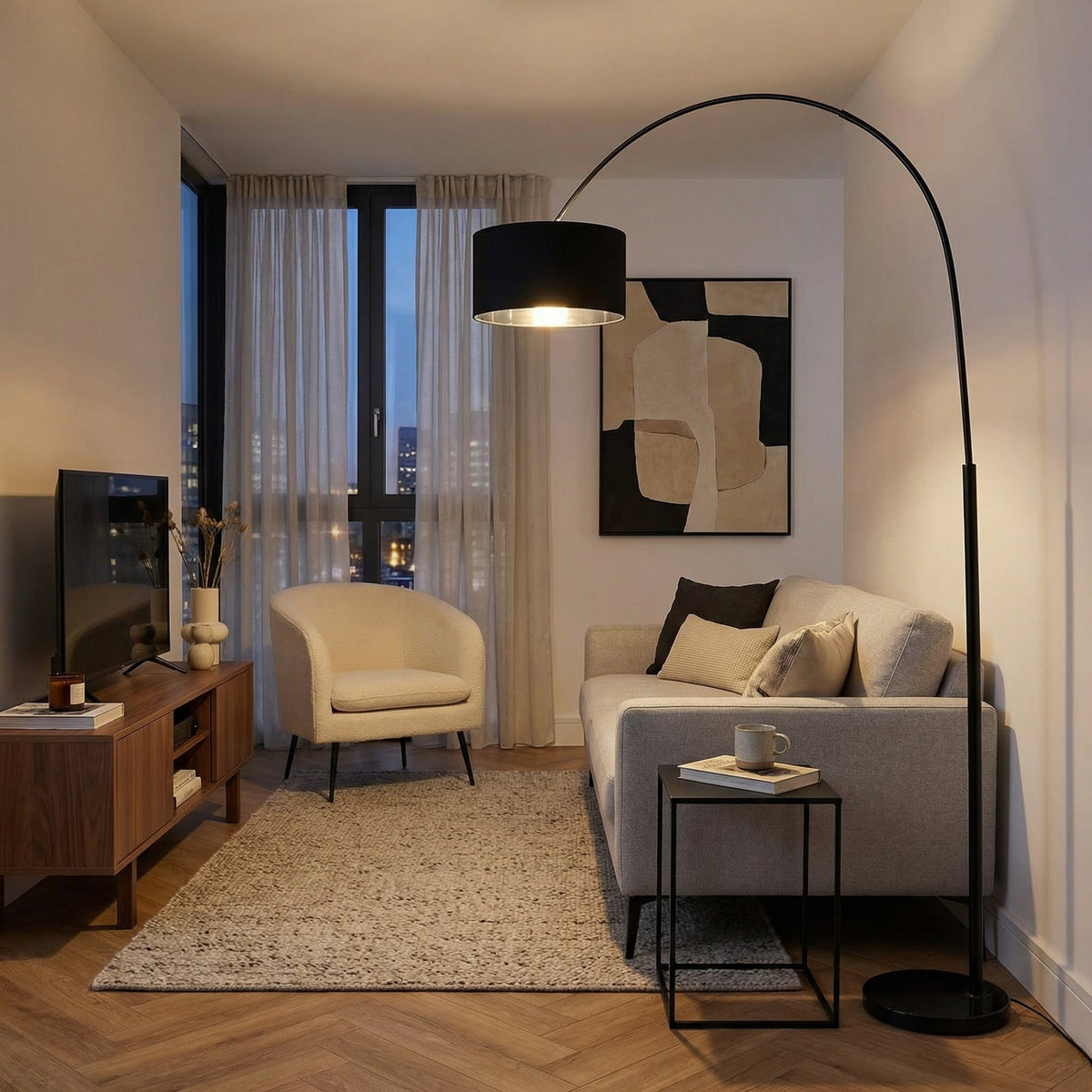 Lampadaire arc noir abat-jour cylindrique NERINA