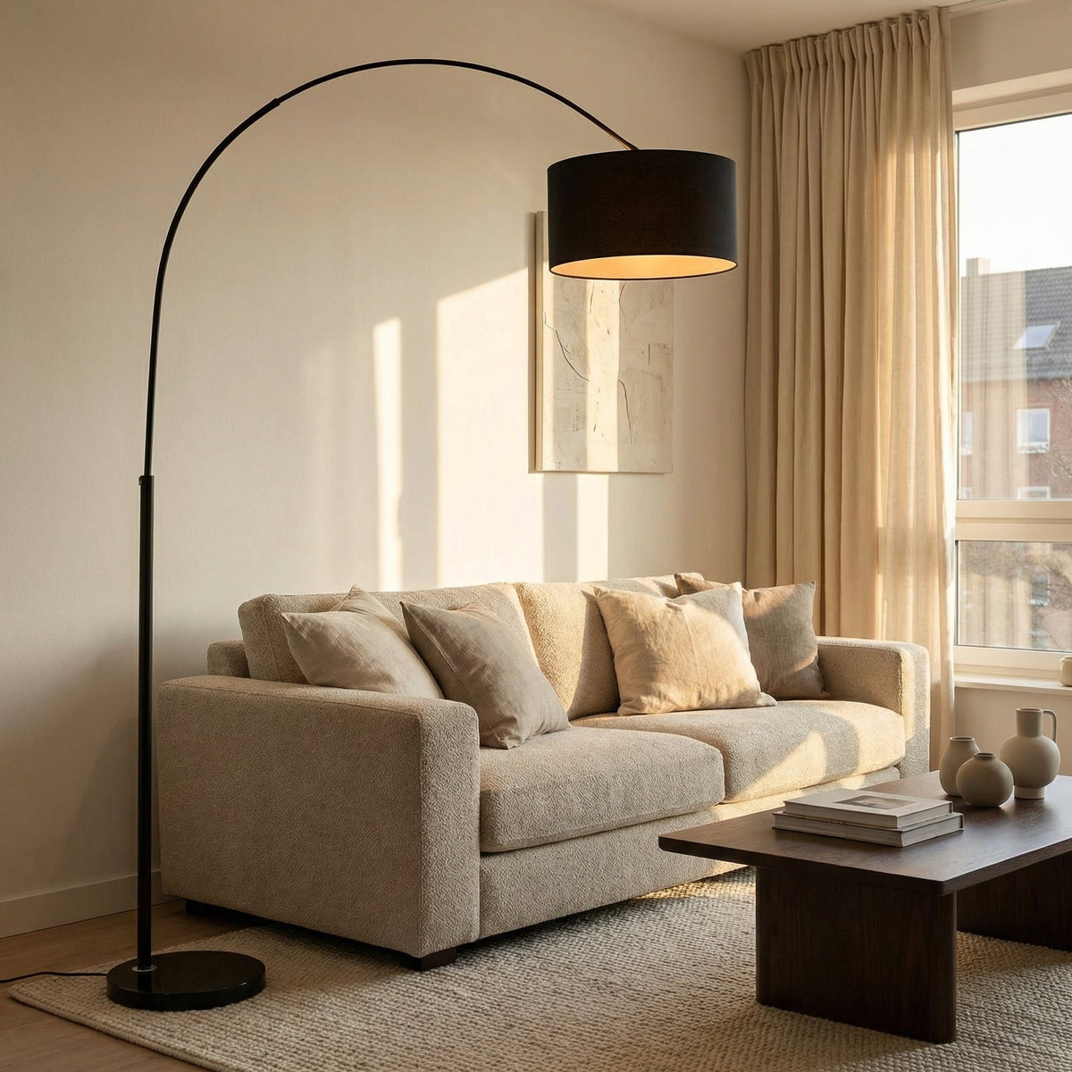 Lampadaire arc noir abat-jour cylindrique NERINA