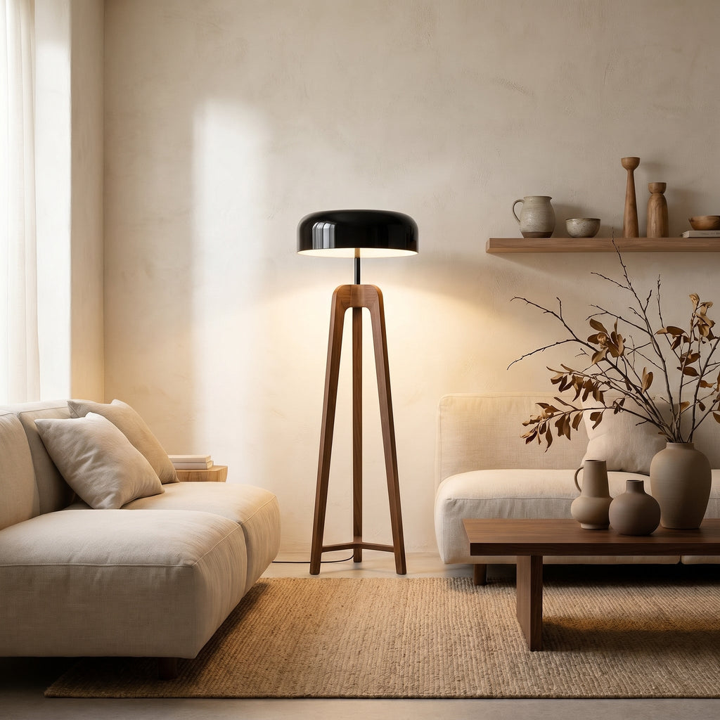 Lampadaire tripode bois de frêne et métal EQUILIBRA