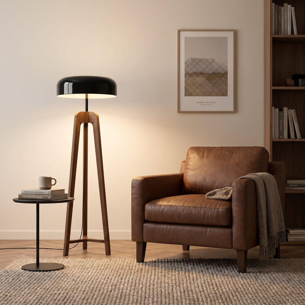 Lampadaire tripode bois de frêne et métal EQUILIBRA