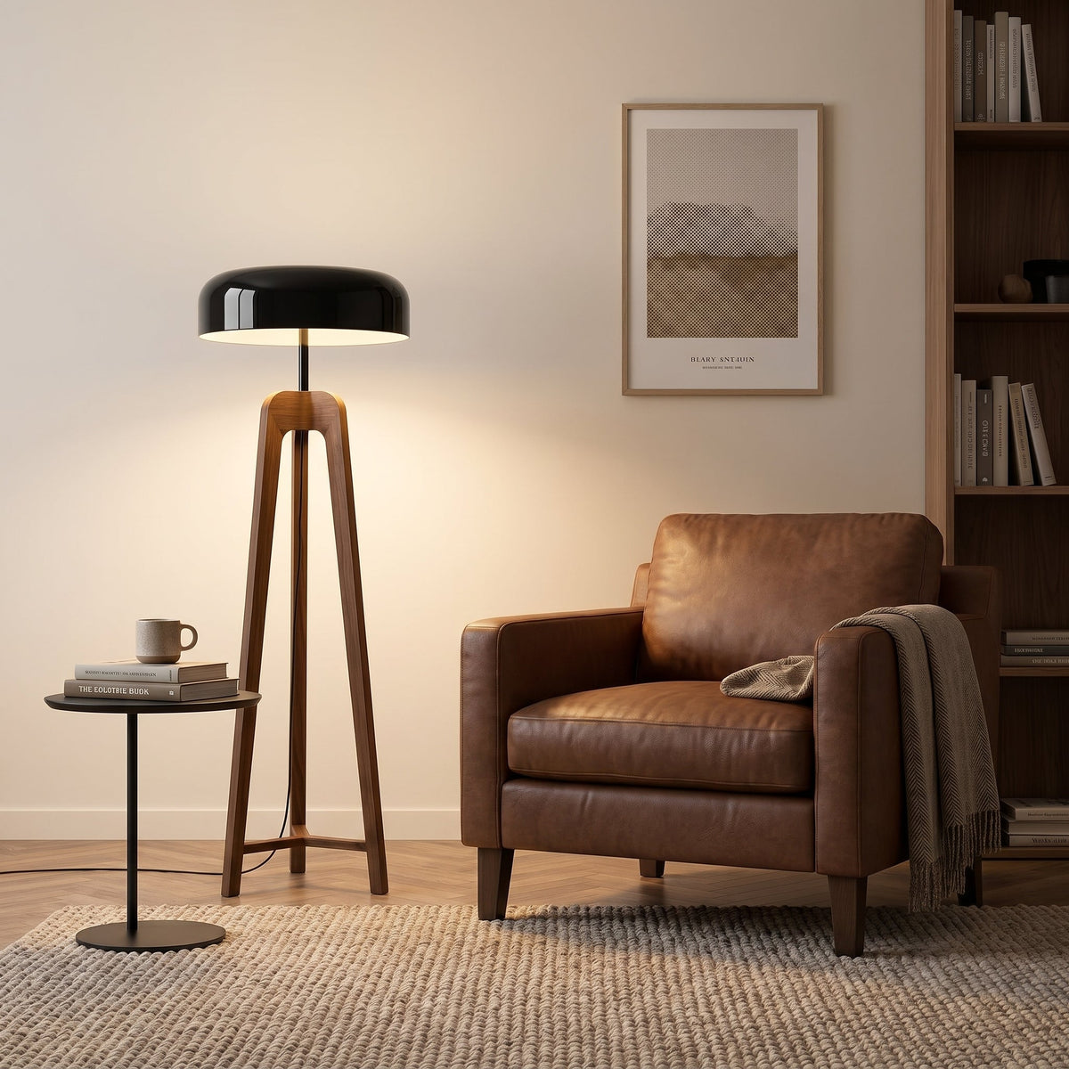 Lampadaire tripode bois de frêne et métal EQUILIBRA