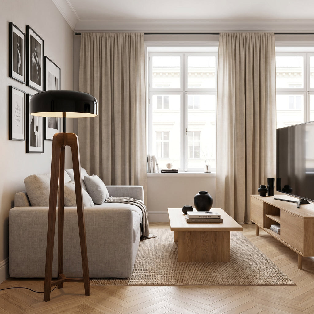 Lampadaire tripode bois de frêne et métal EQUILIBRA
